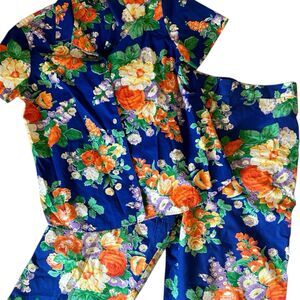 Lauren Ralph Lauren Capri Pants Shirt Set Floral Blue Orange Summer VTG 90s Lg